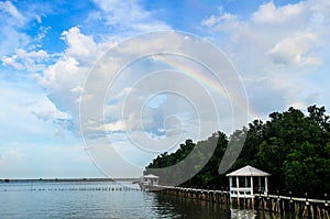 Rainbow on blue sky above oyster farm