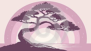 Rainbow Bonsai Tree with Vibrant Arc in Sky, vector design Generative AI