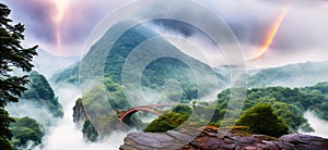 Rainbow Bridge. Arching across a misty gorge, a rainbow bridge connects two worlds.