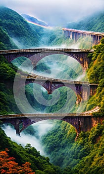 Rainbow Bridge. Arching across a misty gorge, a rainbow bridge connects two worlds.