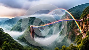 Rainbow Bridge. Arching across a misty gorge, a rainbow bridge connects two worlds.