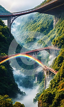 Rainbow Bridge. Arching across a misty gorge, a rainbow bridge connects two worlds.