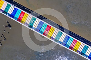 Rainbow bridge in Thailand.View of The colorful wood bridge extends into the sea at samut sakhon province,Thailand,Aerial view