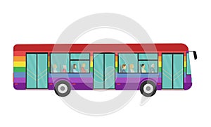 Rainbow bus with young and old people inside side view. Happy Pride month trip, travel. vector illustration