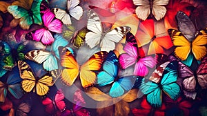 Rainbow butterflies banner, butterfly background. Butterflies in rainbow colors. Colorful aquarelle butterfly illustration for