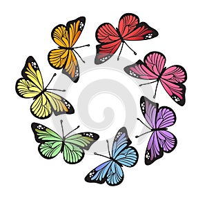 Rainbow butterflies wreath isolated on white background