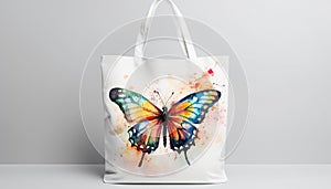 Rainbow butterfly flying over multi colored paper bag generated by AI