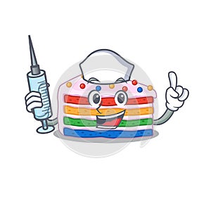 A rainbow cake hospitable Nurse character with a syringe