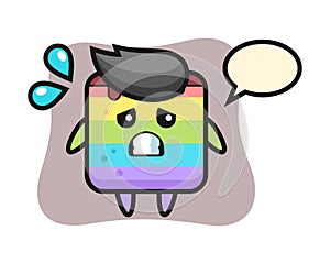 Rainbow cake mascot character with afraid gesture