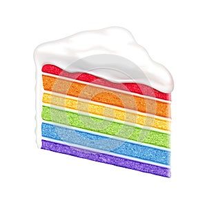Rainbow cake slice on white background.