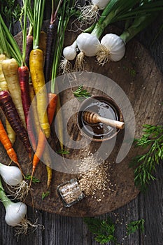 Rainbow Carrots, Spring Onions and Honey Marinade for Cooking.