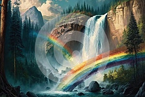 rainbow, cascading over the waterfall, with a view of the forest beyond
