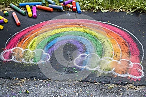 rainbow chalk drawings on a schoolyard blacktop