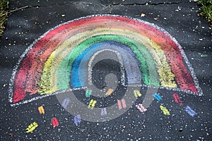 rainbow chalk drawings on a schoolyard blacktop