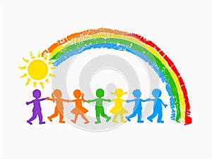 A rainbow with children holding hands