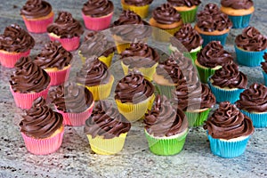 Rainbow of choclate frosted cupcakes