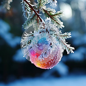 Rainbow Christmas ball covered with frost on a Christmas tree branch close-up, beautiful Christmas background,