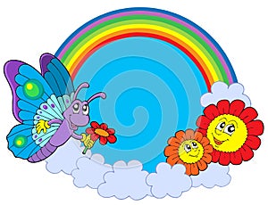Rainbow circle with butterfly and flowers
