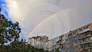rainbow in the city of Kyiv over residential buildings