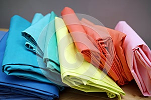 Rainbow clothes background. Pile of bright folded clothes on wooden table.Rainbow laundry with copy space