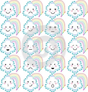 Rainbow cloud cartoon kawaii emoticon set. Facial expressions pack. Emoji icons.