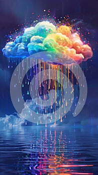 Rainbow cloud with colorful rain hovering above water