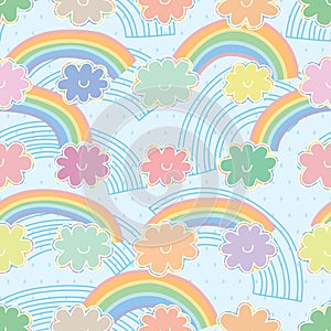 Rainbow cloud pastel colorful seamless pattern