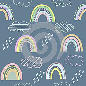 Rainbow cloud pattern and drops hand drawing.