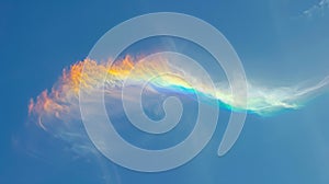 Rainbow cloud in the shape of amber and blue flame, against clear sky,bright blue background