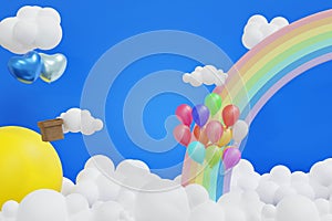 Rainbow with cloud sun and balloon in the blue sky, background for summer camp holiday vacation, 3D rendering