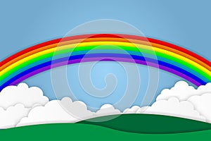 Rainbow clouds and meadows with blue sky background paper art cut style. vector illustration