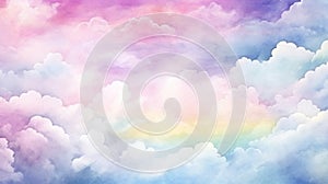 Rainbow clouds of pink, purple, turquoise, blue pastel colors. Illustration in watercolor style. Abstract beautiful sky