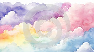 Rainbow clouds of pink, purple, turquoise, blue, red pastel colors. Illustration in watercolor style. Abstract beautiful