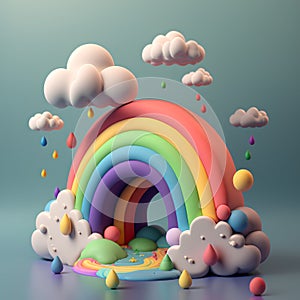 Rainbow with clouds and rainbow. 3d illustration. 3d rendering