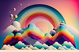 Rainbow and clouds in the sky. 3d vector illustration.