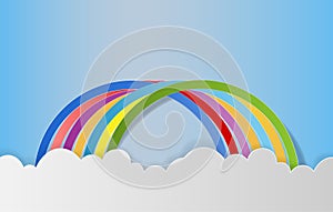 Rainbow with clouds in the sky, Paper art style. Vector Illustration