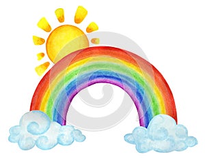 Rainbow in the clouds and the sun above it.Children`s weather illustration.