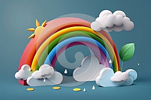 Rainbow with clouds and sun on blue background