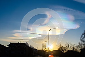 Rainbow clouds during sunset, also known as iridescent clouds