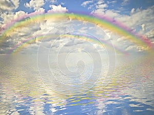 Rainbow, cloudy sky and ocean