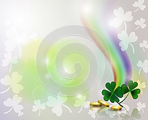 Rainbow and clover with golden coins on background