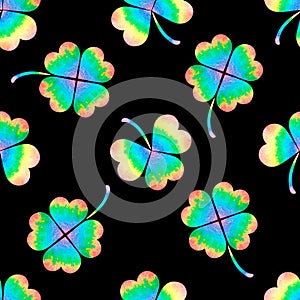 Rainbow clover. St. Patrick's Day. Watercolor illustration.Isolated on a black background.