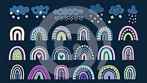 Rainbow collection. Clouds, colorful rainbows in scandinavian style. Childish baby vector elements