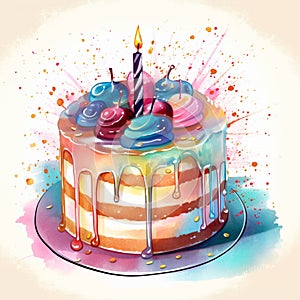 rainbow color birthday cake with lighting candles water color painted style illustration