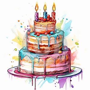 rainbow color birthday cake with lighting candles water color painted style illustration