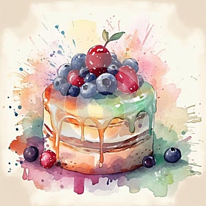 rainbow color birthday cake with lighting candles water color painted style illustration