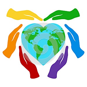Rainbow color hands holding a heart-shaped earth isolated on a white .