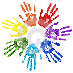 Rainbow color hands print in circle on white background isolated closeup, colorful watercolor handprint illustration