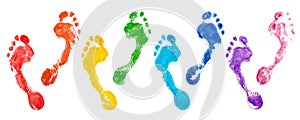 Rainbow color human footprints set white background isolated close up, colorful watercolor foot print illustration collection