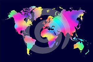 Rainbow color map world. Neon worldmap global. Worldwide globe. Colours map world on dark background. Multicolor backdrop for desi